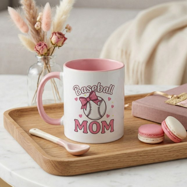 Baseball Mum Cute Pink Bow Design Mug (Baseball Mom Cute Mug)