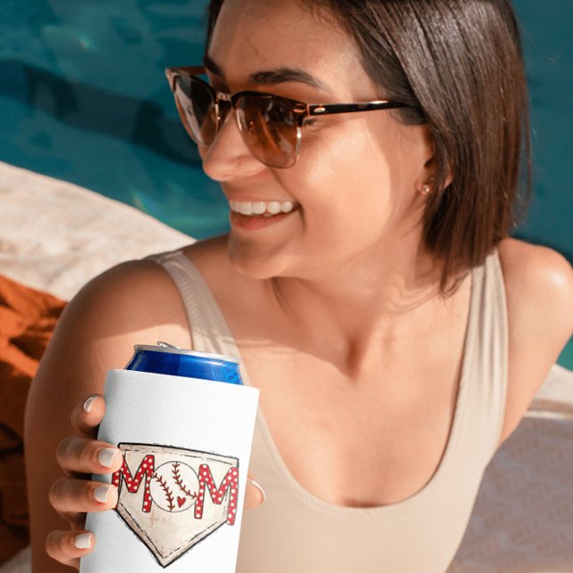 Baseball Mum Home Plate Sports Red Polka Dot Mum  Can Cooler (Creator Uploaded)