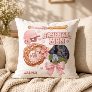 Baseball Mum Photo Pink Coquette Sports Cushion