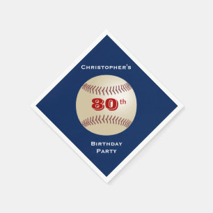Baseball, Name, 80th Birthday Party Blue Paper Napkin