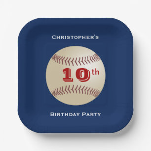 Baseball, Name 9th/10th Birthday Party Blue Square Paper Plate