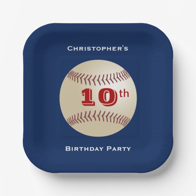 Baseball, Name 9th/10th Birthday Party Blue Square Paper Plate (Front)