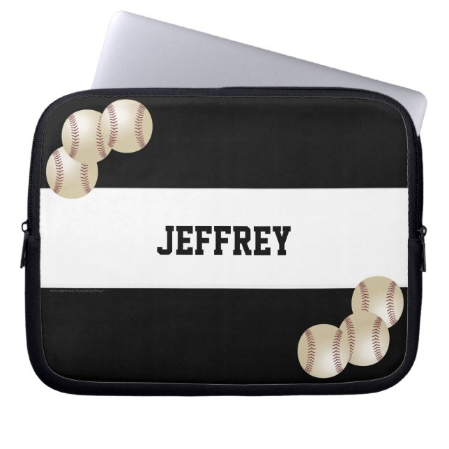 Baseball, Name, Black and White Computer Laptop Sleeve (Front)