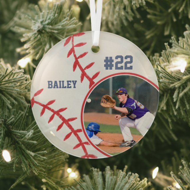 Baseball Name Jersey Number Photo Keepsake Glass Tree Decoration (Insitu)