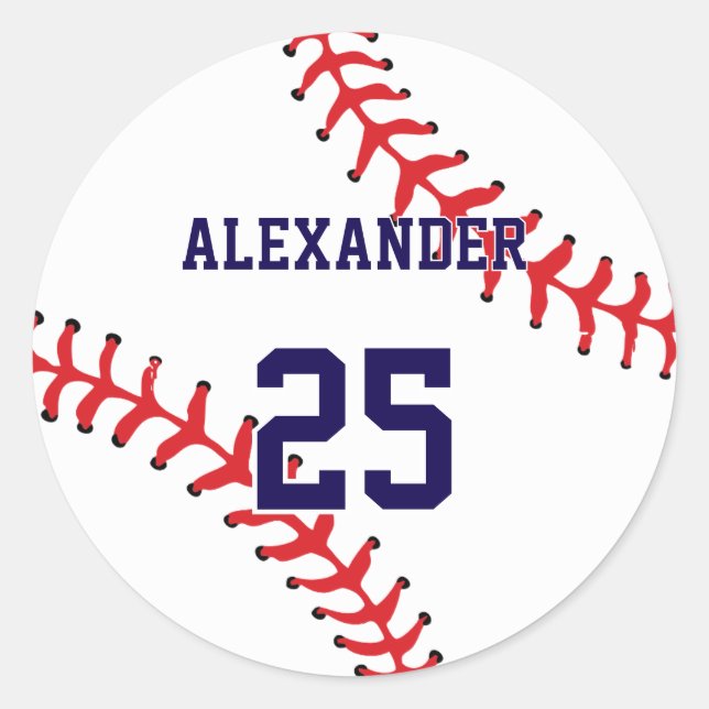 Baseball | Name & Number Classic Round Sticker (Front)