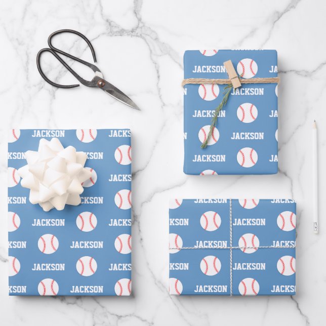 Baseball Name Pattern Blue Wrapping Paper Sheet (Front)