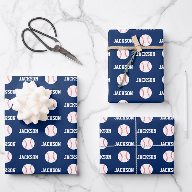 Baseball Name Pattern Navy Blue Wrapping Paper Sheet (Front)