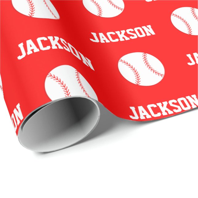Baseball Name Pattern Red Wrapping Paper (Roll Corner)