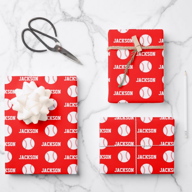 Baseball Name Pattern Red Wrapping Paper Sheet (Front)