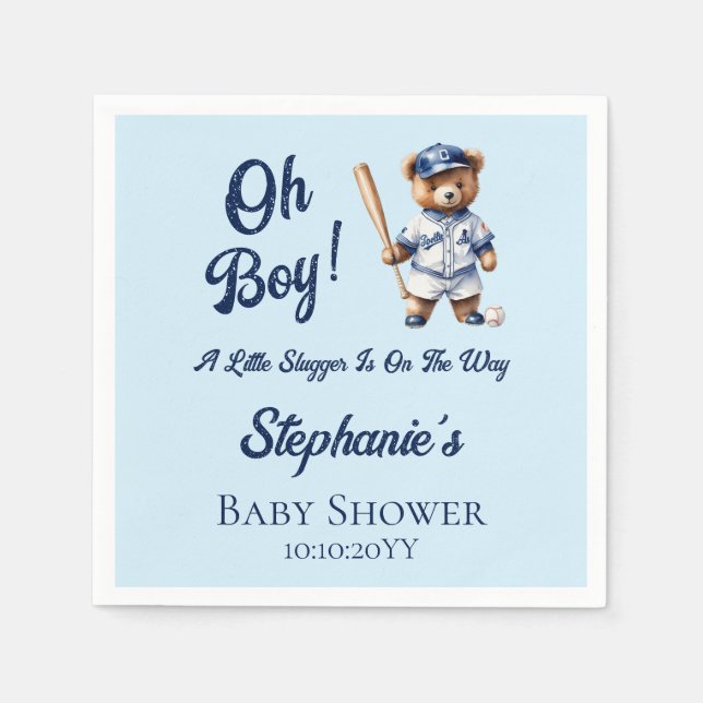 Baseball Oh Boy Baby Shower Cute Bear  Napkin (Front)