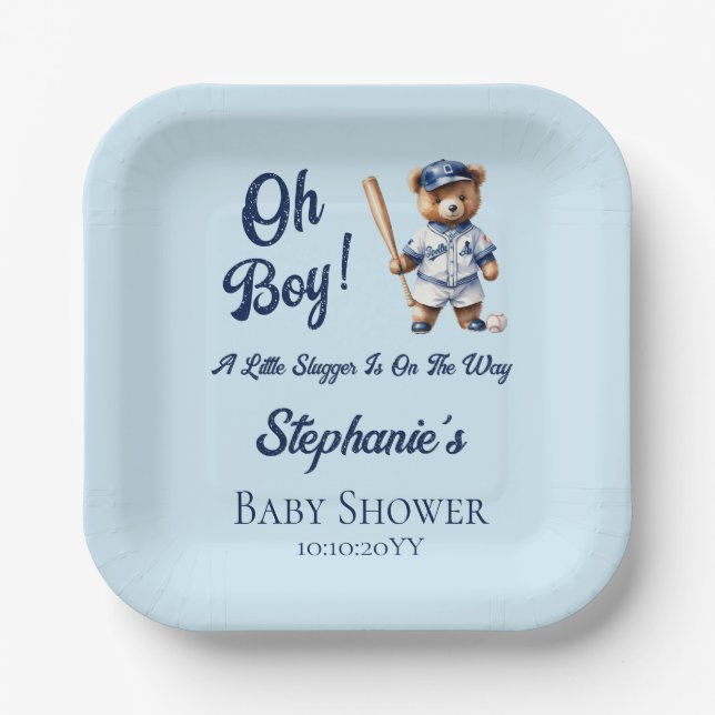 Baseball Oh Boy Baby Shower Cute Bear  Paper Plate (Front)