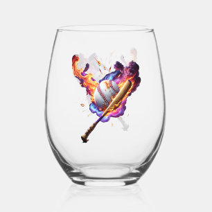 Baseball on Fire. Stemless Wine Glass