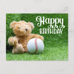 Baseball on Green grass for Birthday  Teddy Bear Postcard