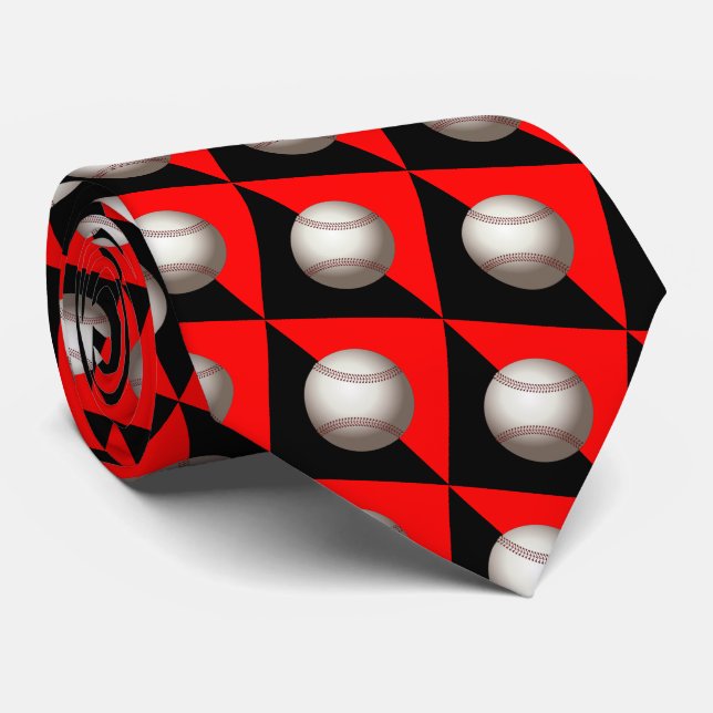 Baseball On Red and Black Necktie (Rolled)