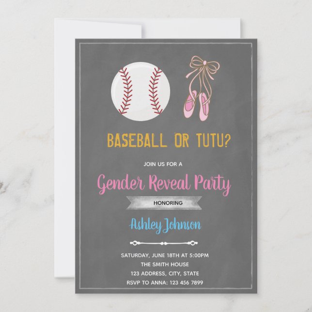 Baseball or ballet gender party invitation (Front)