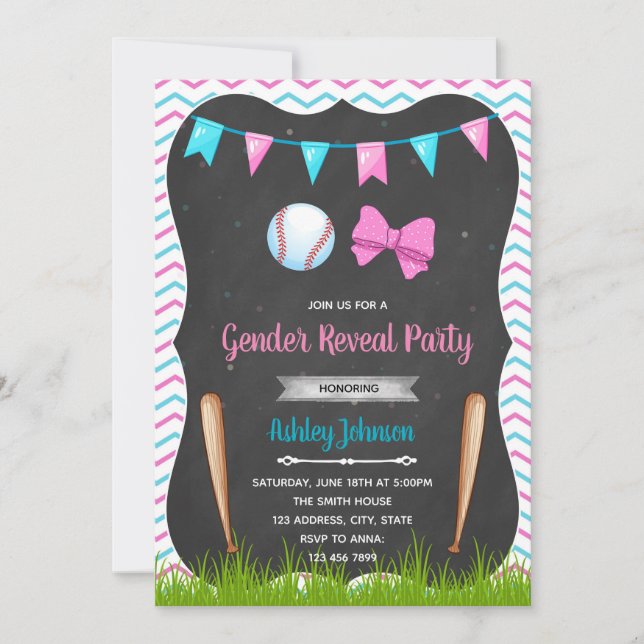 Baseball or Bows gender reveal invitation (Front)