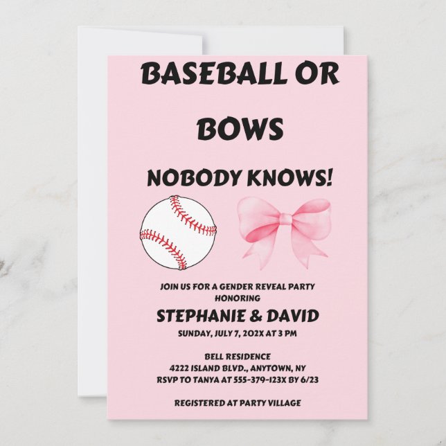 Baseball or Bows gender reveal party Invitation (Front)