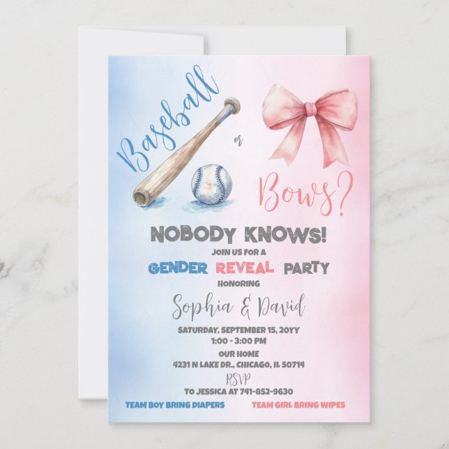 Baseball or bows Gender Reveal Party Invitation (Front)