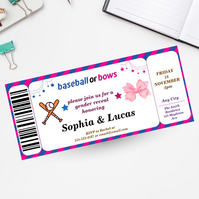 baseball or bows gender reveal Ticket Invitation (Creator Uploaded)