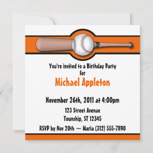 Baseball Orange Birthday Invitations