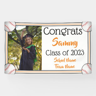 Baseball Orange & Black One Photo Graduation Banner