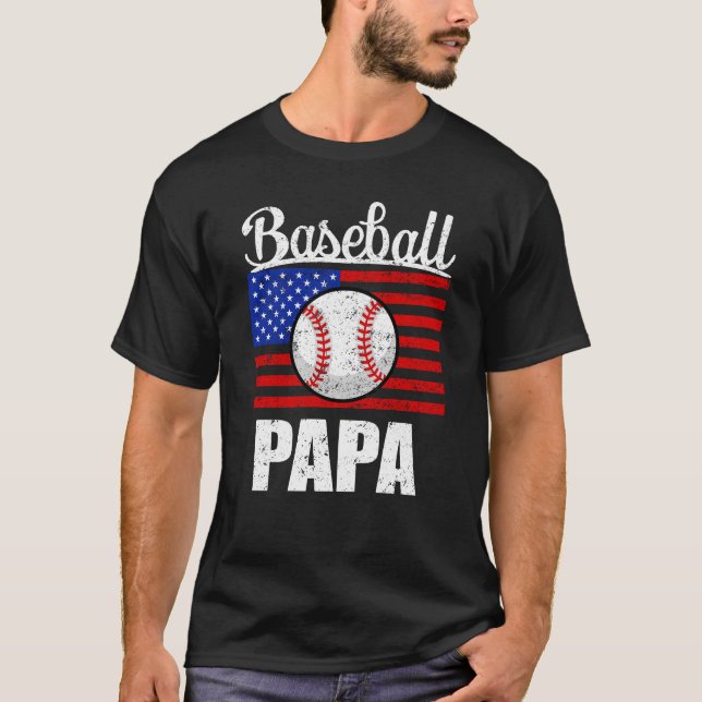 Baseball Papa Mens American Flag Grandpa Game day T-Shirt (Front)