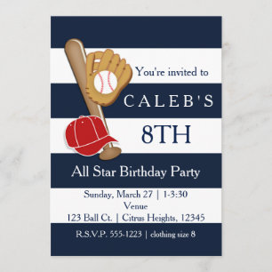 Baseball Party Blue Stripes Birthday Invitations