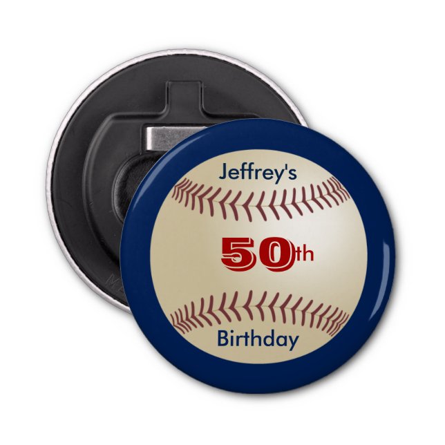 Baseball Party Favour 50th Birthday Name Button Bottle Opener (Front)