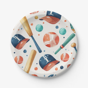 Baseball Pattern Blue Red Bat Hat Ball Birthday  Paper Plate