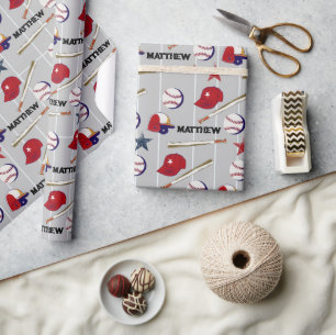 Baseball Pattern Kids Name Wrapping Paper