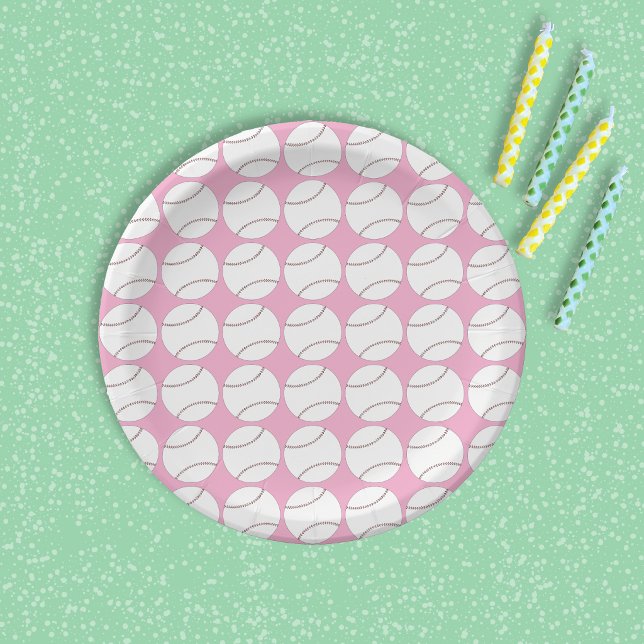 Baseball Pattern Pink Paper Plate (Pink paper plate with a simple baseball pattern . )