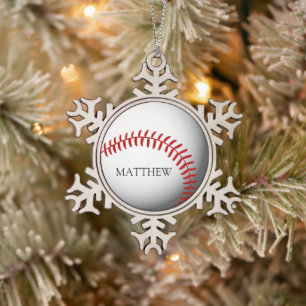 Baseball Personalised Name or Monogram Snowflake Pewter Christmas Ornament