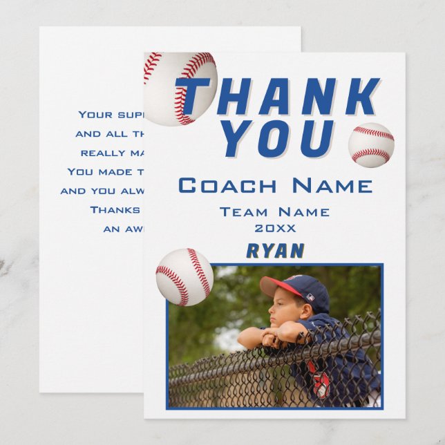 Baseball Photo Player Team Coach Thank You Card (Front/Back)
