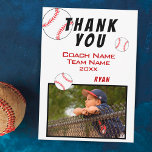Baseball Photo Thank you Coach Card<br><div class="desc">Baseball thank you coach card with photo, thank you text, coach name, team name, year, your name and baseball balls. The card is in white, red and black colour scheme. On the back of the card are baseball balls. Photo thank you card - add your photo into the template. Personalise...</div>