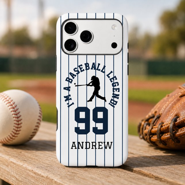 Baseball Pinstripe Jersey Number Design (Baseball pinstripe jersey phone case with player number and name on a ballpark scene)