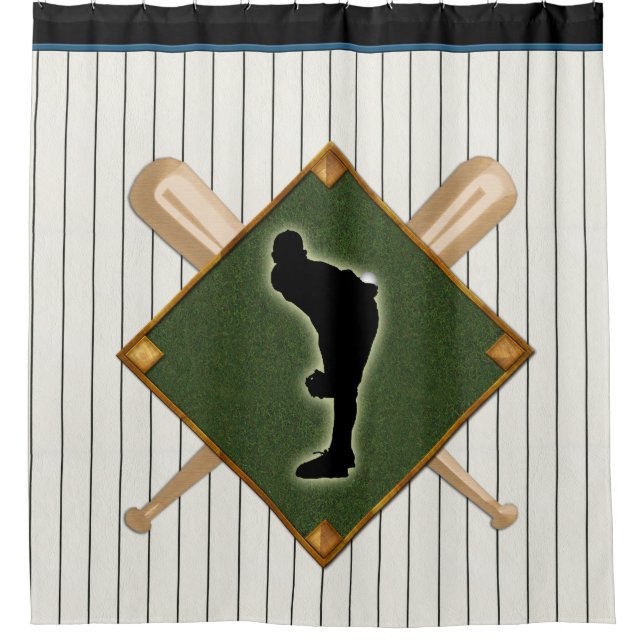 Baseball Pinstripe Logo with Pitcher Shower Curtain (Front)