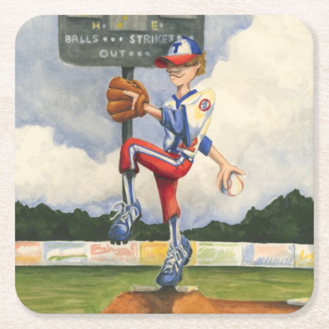Baseball Pitcher on Mound by Jay Throckmorton Square Paper Coaster (Front)