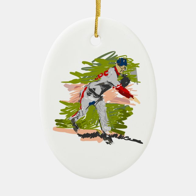 Baseball Pitcher Pitching Ceramic Tree Decoration (Front)