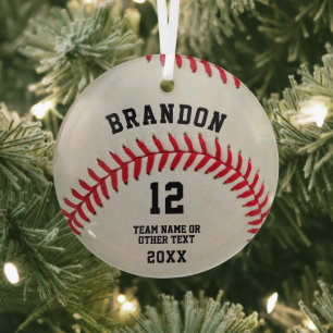 Baseball Player Ball Red Stitching Personalised Glass Tree Decoration