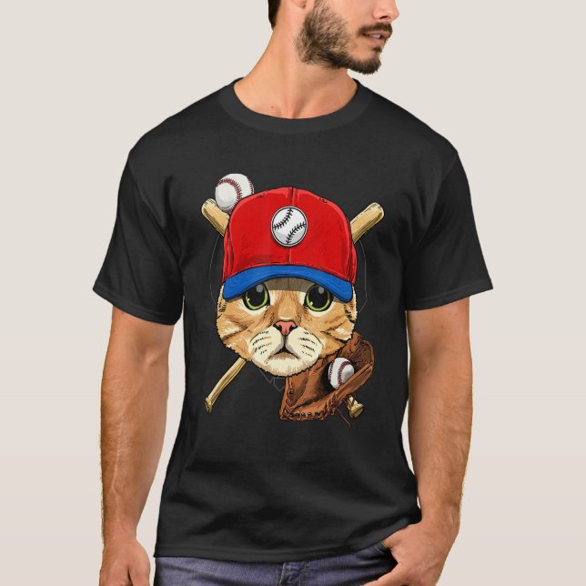 Baseball Player Cat Batter Pitcher Catcher Basebal T-Shirt (Front)