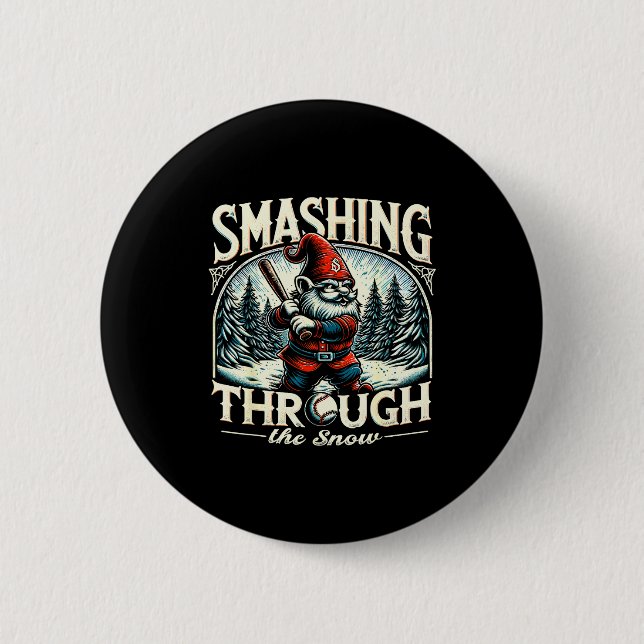 Baseball Player Christmas Gnome, Smashing Through  6 Cm Round Badge (Front)