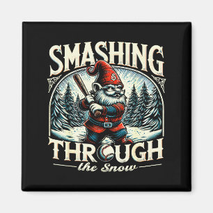 Baseball Player Christmas Gnome, Smashing Through  Magnet