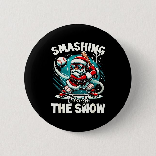 Baseball Player Christmas Santa, Smashing Through  6 Cm Round Badge (Front)