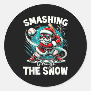 Baseball Player Christmas Santa, Smashing Through Classic Round Sticker