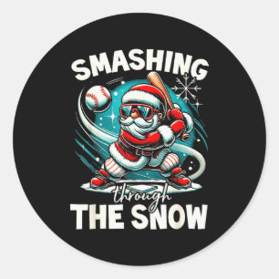 Baseball Player Christmas Santa, Smashing Through Classic Round Sticker