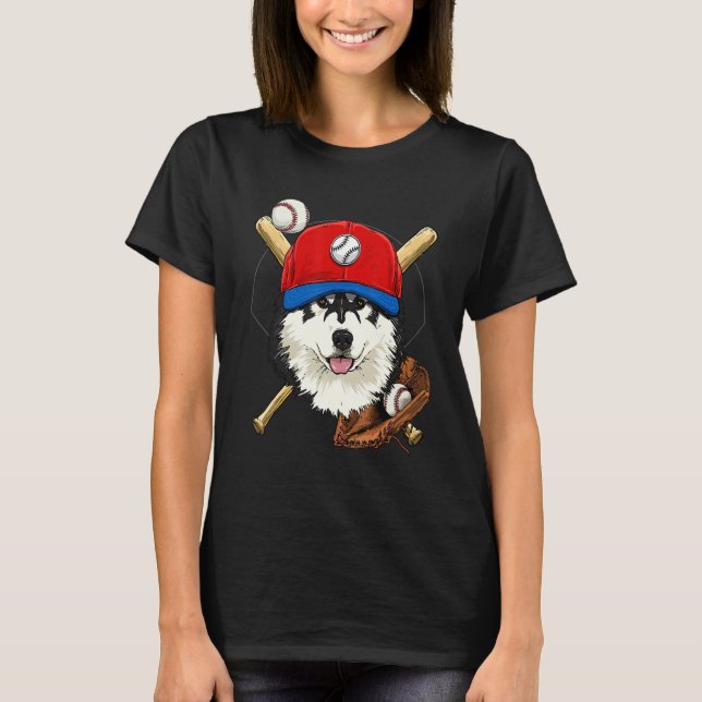 Baseball Player Coaches Alaskan Malamute Dog Pitch T-Shirt (Front)