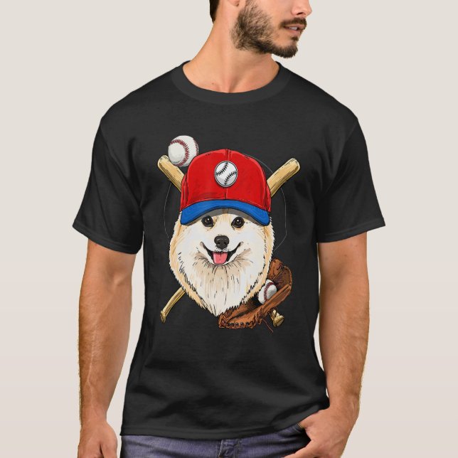 Baseball Player Coaches Pomeranian Dog  Catcher Pi T-Shirt (Front)
