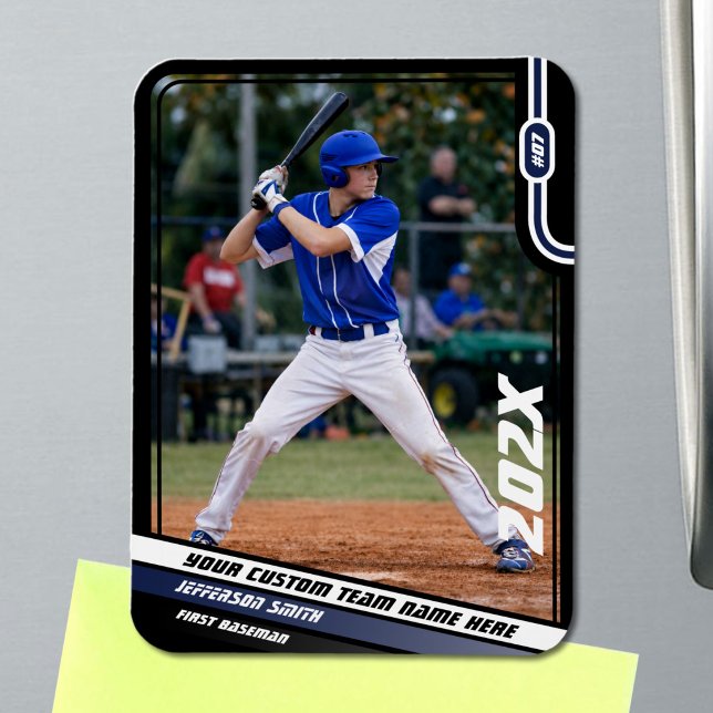 Baseball Player Custom Blue Magnet (Black Baseball Player Magnet with Custom Team Name and White Blue Stripes)
