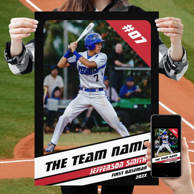 Baseball Player Custom Gift Black White Red Poster (Baseball Player Poster in Black with Custom Team Name and White Red Stripes)