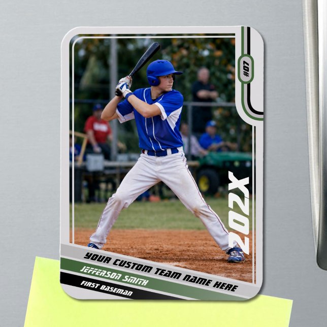 Baseball Player Custom Gift in Green Magnet (Baseball Player Magnet in Light Grey with Custom Team Name and Black Green Stripes)